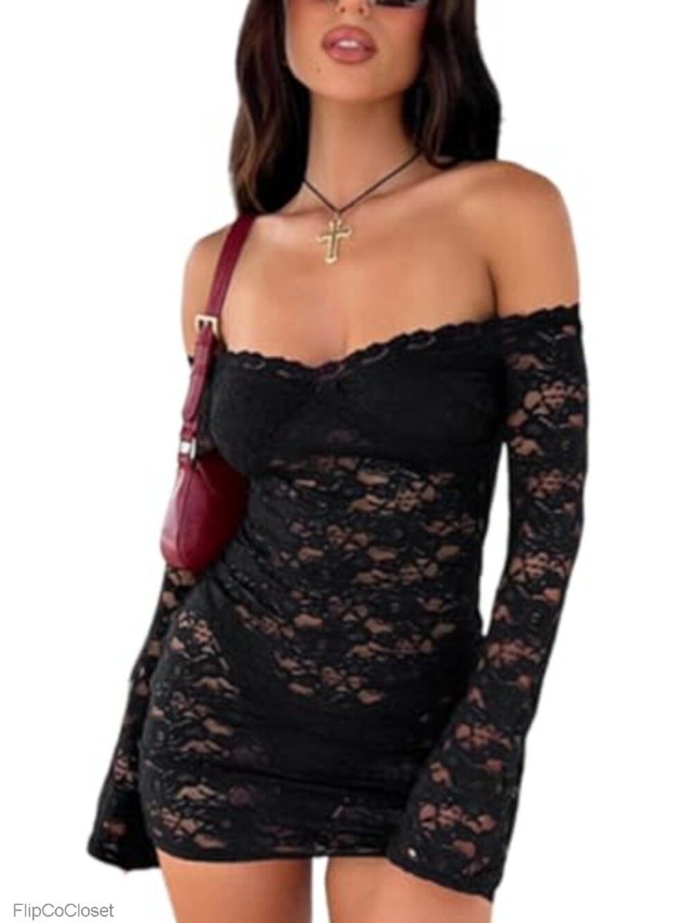 Off Shoulder Lace Bodycon Mini Dress Long Sleeve See Through Y2K Party Club